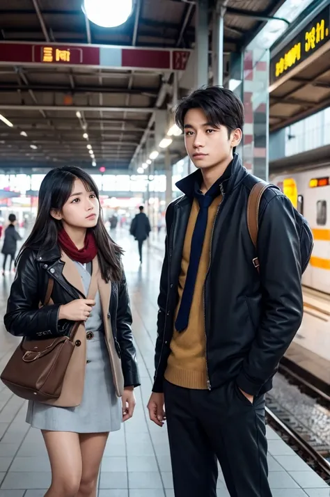 Two man looking toward a girl at railway station