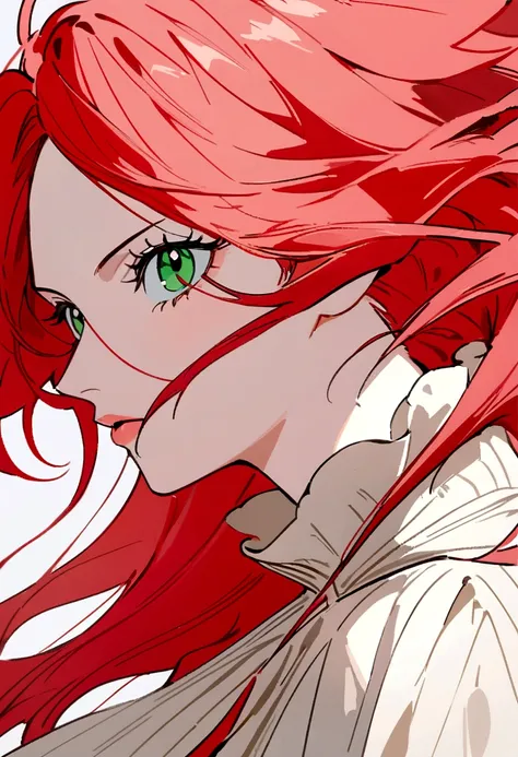 Anime girl with long red hair, greeneyes, extremely beautiful, simple background, work of art, best qualityer, detailled image, Estilo One Piece