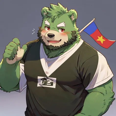 anthro, kemono, male, solo, (((green bear))), (((green fur))), green hair, red eyes, beard, white eyebrows, sexy, blush, wink, simple background, wear a white t-shirt, wave a big lgbt flag, 