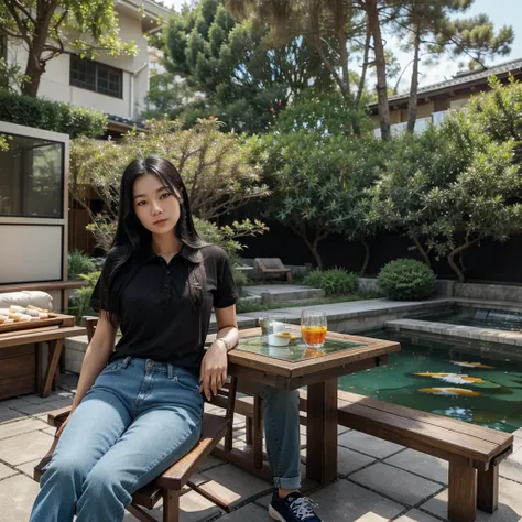 A beautiful Korean woman,long black straight hair,blue polo shirt,jeans,canvas shoes,sitting relaxed on a chair on the terrace of the house,holding a glass of sweet tea,with a koi pond in front and pine trees,10k uhd,300 dpi.