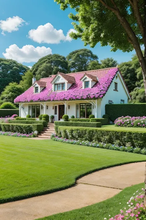 **Prompt:** A serene countryside landscape featuring a quaint house nestled among lush, rolling green hills under a vivid blue sky with fluffy white clouds. The house is surrounded by manicured lawns and vibrant pink flowers. The wide-angle shot captures t...