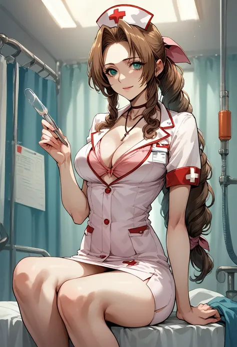 aerith in a nurse&#39;s uniform、ahegao、she urinates while trembling on all fours with her hips raised、tentacles pulled out of an...