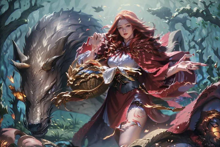 a beautiful young woman with long flowing red hair, wearing a red hooded cloak, holding a wicker basket, standing in a dark forest, a large wolf next to her, seductive and alluring expression, detailed facial features, highly realistic, cinematic lighting,...