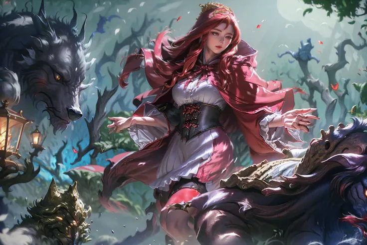 a beautiful young woman with long flowing red hair, wearing a red hooded cloak, holding a wicker basket, standing in a dark forest, a large wolf next to her, seductive and alluring expression, detailed facial features, highly realistic, cinematic lighting,...