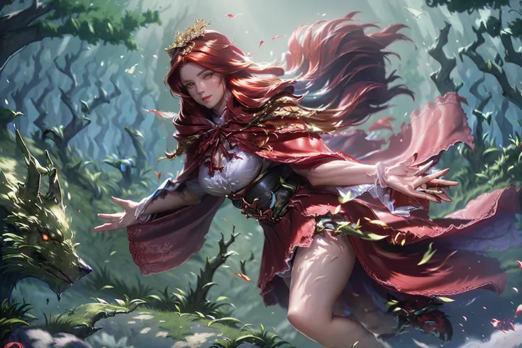 a beautiful young woman with long flowing red hair, wearing a red hooded cloak, holding a wicker basket, standing in a dark forest, a large wolf next to her, seductive and alluring expression, detailed facial features, highly realistic, cinematic lighting,...