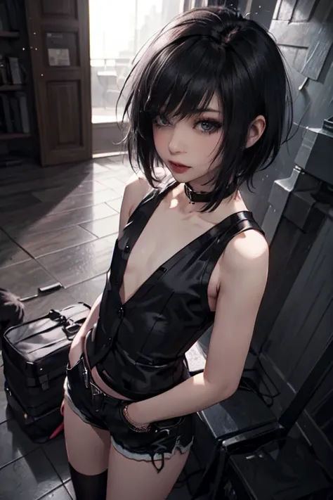 1girl, woman, emo_hairstyle, black lipstick, dog collar, eyeliner, eye shadow, smoky eyes, realistic lighting, short hair, flat chest, sleeveless silk shirt, short shorts, standing up.