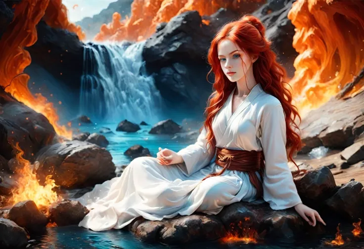 a picture of a (female monk: 1.2) sitting and meditating near a waterfall, at the base of the waterfall,  there is a human woman monk wearing monk garbs, meditating near a bonfire near an (epic sized waterfall: 1.3), red hair, long hair, full body (best de...