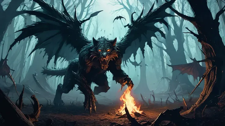 Under the twisted boughs of the cursed Hollowwood, two leopard figures lurk in the shadows. These skinwalkers, malevolent shapeshifters of ancient legend, are cloaked in the remnants of tattered, dark robes that barely conceal their grotesque transformatio...