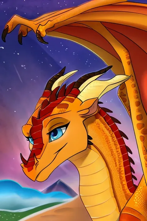 Wings of fire, female, dragon, péril, blue eyes, orange scales, fire scales,