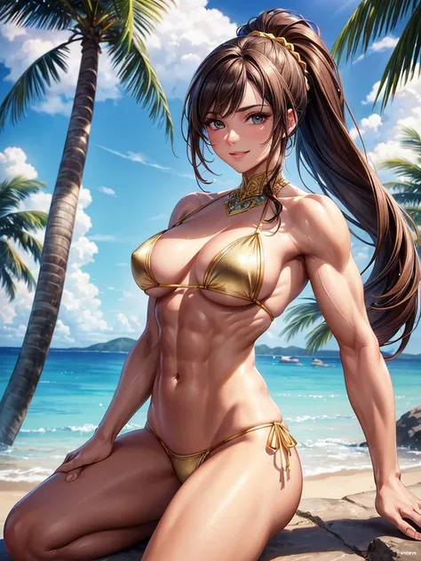 ,(best quality, ultra-detailed, realistic:1.37, masterpiece:1.2), woman, beautiful detailed eyes, beautiful detailed lips, brown hair tied up, smile,gold micro bikini, (muscular body:1.1),slim figure, caustics, textile shading, toned body, clean abs, palm ...