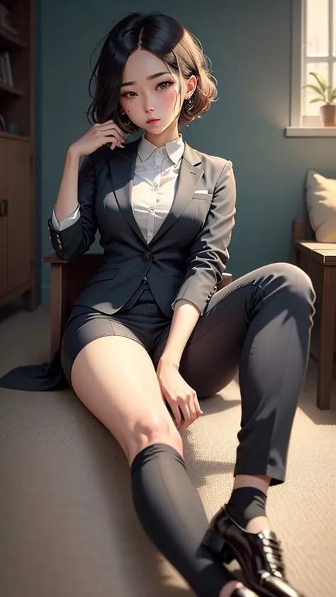 pawg, tomboy, pantylines, makima \(chainsaw man\), suit pants. dress shoes, suit, suit shirt,