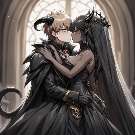 ((Highest quality)), ((masterpiece)), (detailed), （Perfect Face）、The woman is a sexy, dark-skinned demon.、The woman is a jet-black female demon with magnificent devil horns, jet-black devil wings, and a jet-black tail. Her skin is jet-black, and she is wea...