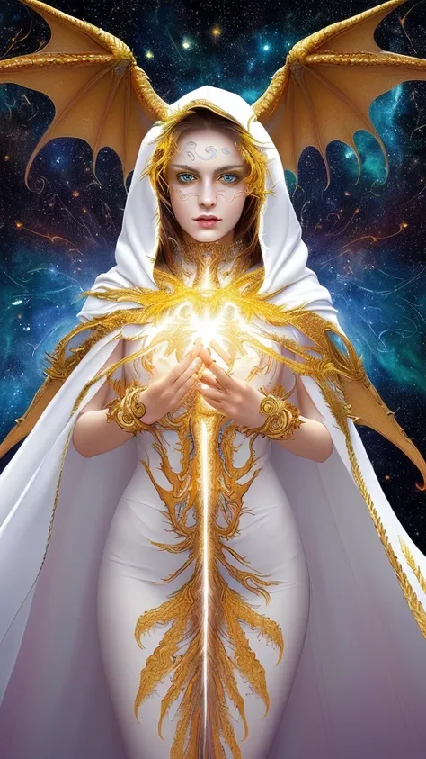 (masterpiece, Highest quality, Highest quality, Official Art, beautifully、aesthetic:1.2), (One girl), Highly detailed eyes, (Fractal Art:1.3), colorful, Most detailed, (Perfect Face), Shiny skin, High resolution, (White cloak Golden Line:1.2), Milky Way, (...