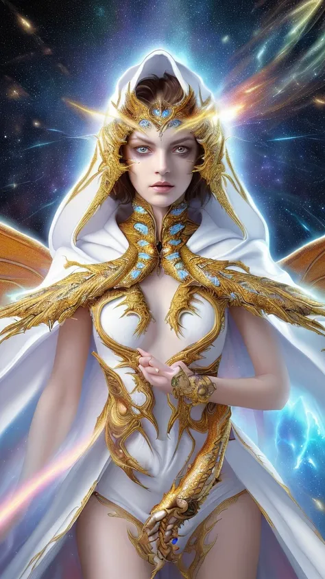 (masterpiece, Highest quality, Highest quality, Official Art, beautifully、aesthetic:1.2), (One girl), Highly detailed eyes, (Fractal Art:1.3), colorful, Most detailed, (Perfect Face), Shiny skin, High resolution, (White cloak Golden Line:1.2), Milky Way, (...