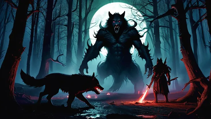 In the heart of the foreboding Blackwood Forest, under the cold, silver light of a full moon, two werewolves emerge from the shadows. Their forms are hulking and feral, with rippling muscles covered in coarse, dark fur. Their eyes glow with an unnatural lu...