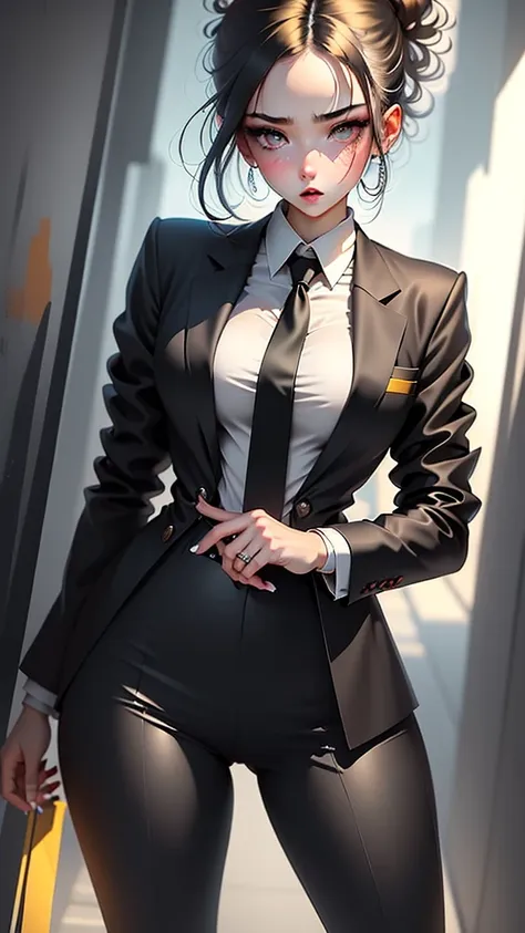 pawg, tomboy, pantylines, makima (chainsaw man), suit pants. dress shoes, suit, suit shirt, 