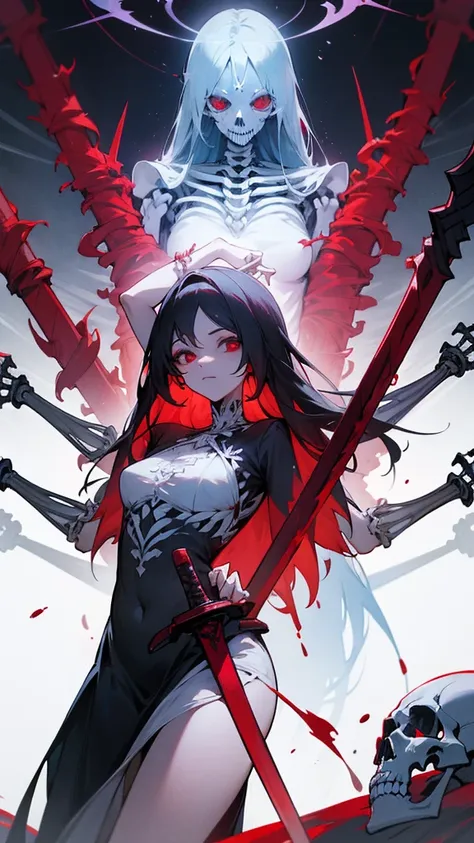 A transcendent soul of a blood goddess holding a sword,bloody dress,red eyes,visible skeleton