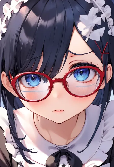 close-up, 1girl, maid costume, long black hair, tsundere, clear glasses with red frame