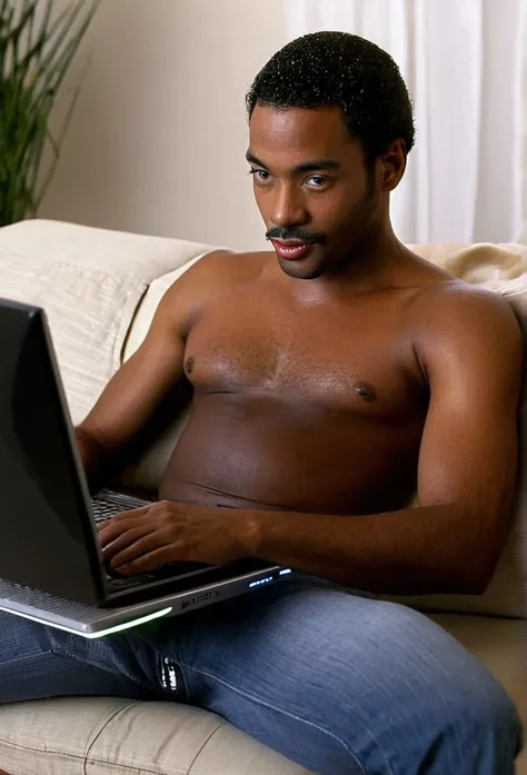 homosexual black man playing on his computer 