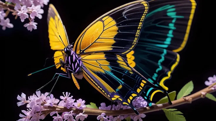 01 butterfly unit, black backdrop, colored like a painting, neon, in orange colors, lilac, cerulean, yellow