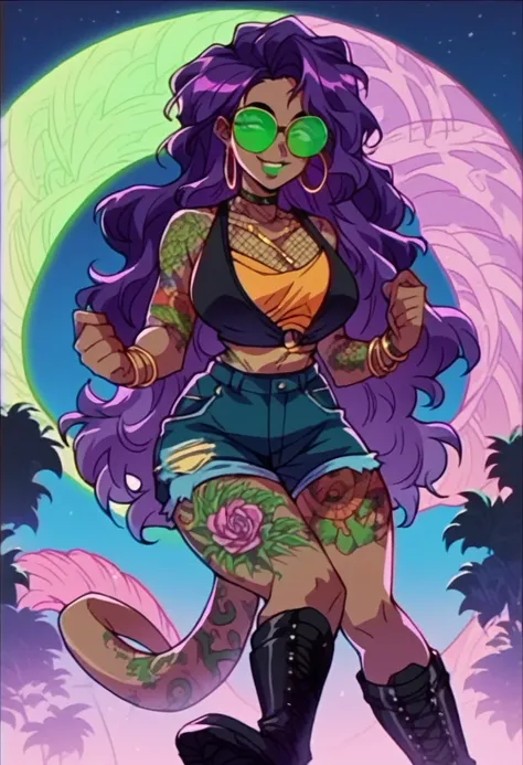 beautyful african woman, african skin, huge full curly purple hair, green mouth, leopard beach clotches, black boots, hoop earring, green aviator glasses, purple chocker, dragon tattoo, night, purple lights, smile
