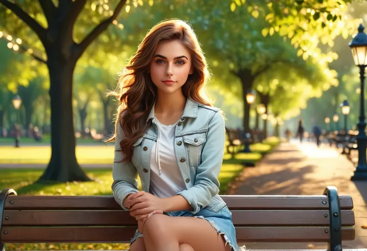 Realistic beautiful girl, sitting on park bench, natural setting, daytime, soft lighting, detailed, serene atmosphere, high definition, photorealistic, casual pose