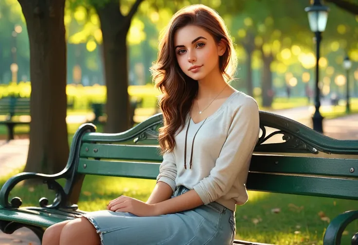 Realistic beautiful girl, sitting on park bench, natural setting, daytime, soft lighting, detailed, serene atmosphere, high definition, photorealistic, casual pose