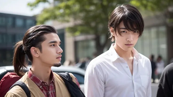 A photo of a man with bangs down and a man with his hair slicked back, university student