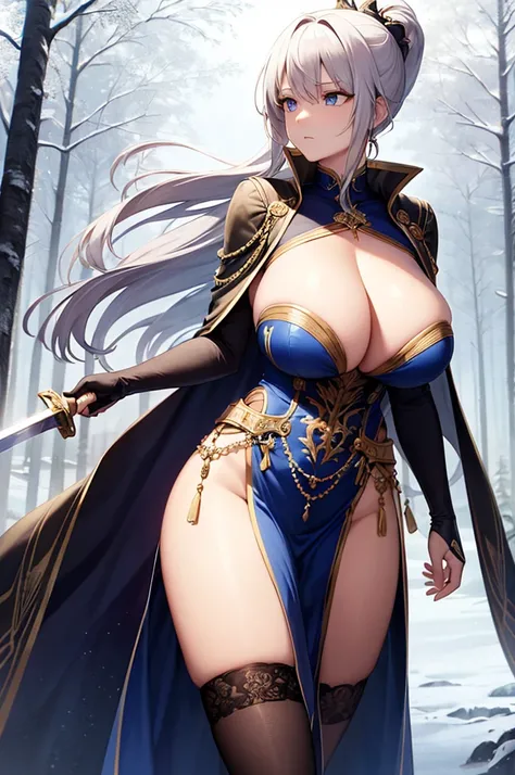 milf, 30 years old, (highres, masterpiece:1.2), white hair, robe, grey robe, huge breasts, thick thighs, standing, pelvic curtain, thighhighs, v-neck, strapless dress, blue eyes, expressionless, long hair, (layered dress, elaborate clothing, detailed cloth...