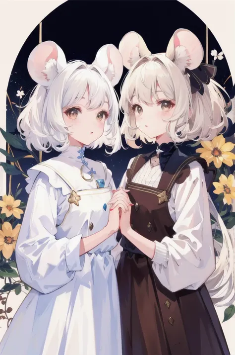 Twins, mouse girls, short fluffy white hair, big round mouse ears, white sweaters, holding hands, ((Dark brown eyes)), Couple, beautiful, bright lips, detailed eyes