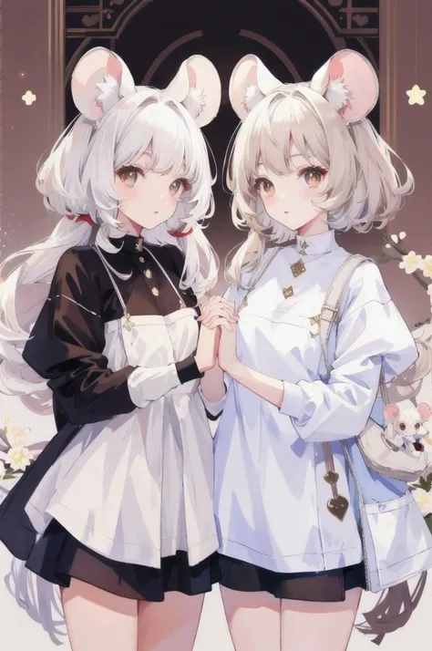 Twins, mouse girls, short fluffy white hair, big round mouse ears, white sweaters, holding hands, ((Dark brown eyes)), Couple, beautiful, bright lips, detailed eyes