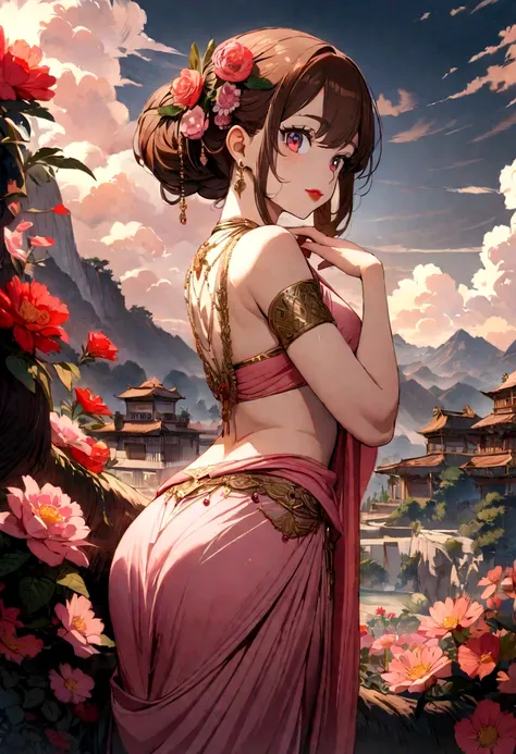 (masterpiece),(best quality:1.0), (ultra highres:1.0), detailed illustration, 8k, anime, 1girl, beautiful anime girl, in a sari, wearing a pink sari, pretty pose, pretty face, detailed face, beautiful eyes, dark red eyes, detailed eyes, red lips, red lipst...