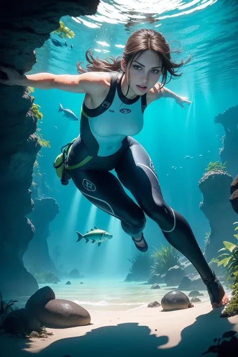 Create an illustration of Lara Croft swimming and diving in a crystal-clear river, surrounded by lush, tropical vegetation. Lara is fully immersed in her underwater adventure, wearing a sleek wetsuit and diving gear, including a mask and fins. She is swimm...