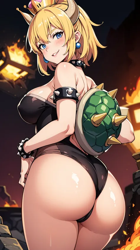 best quality, high resolution, large breasts, blonde hair, blush, Evil smile, cowboy shot, looking at viewer, bowsette, pink lip, in a volcano with lava, (((sexy shoulders))), (((shoulders Focus))), (((ass)))