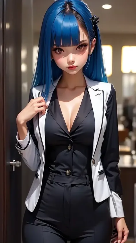 pawg, tomboy, miwakasumi, light blue hair, long hair, blunt bangs, black business suit, white business suit, red business suit, business suit, vest