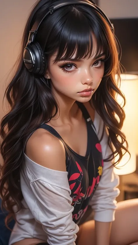 neko girl with wavy hair brunette listening to music in the anime room