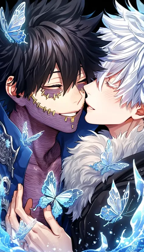 absurdres, highres, ultra detailed, HDR, master piece, best quality, extremely detailed face, delicated features, Dabi, black hair, closed eyes, Boku No Hero Academia, Gojou Satoru, white hair, closed eyes, white eyelashes, two sexy men kissing, yaoi, gay ...