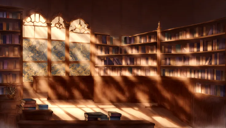 there is a room with a desk, bookshelf, and a window, anime background art, library background, alchemist library background, in...