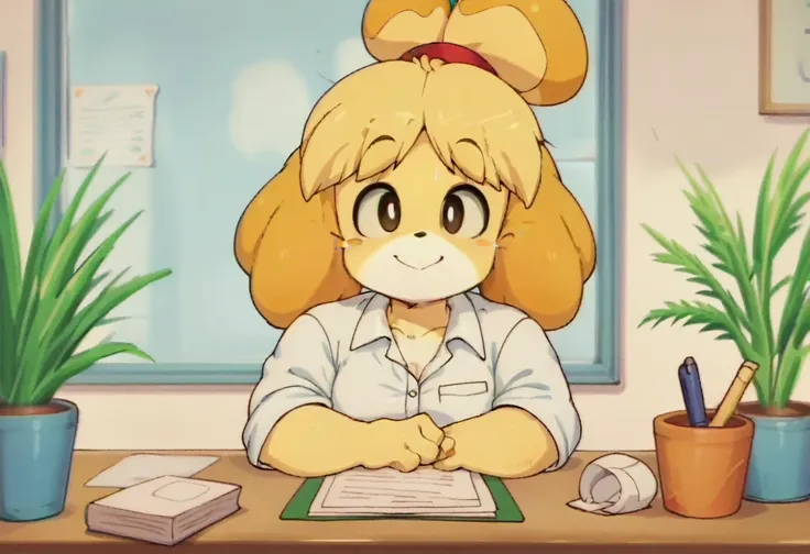 smile,isabelle (animal crossing), blonde hair, animal ears, furry upper body, office, desk , solo, anime screencap,drgbls1