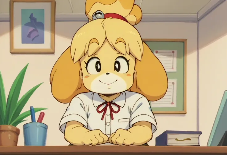 smile,isabelle (animal crossing), blonde hair, animal ears, furry upper body, office, desk , solo, anime screencap,drgbls1