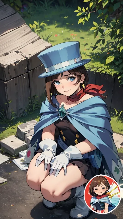 (masterpiece, Highest quality:1.2), From above, alone, One girl, Trucy Light, Ahetoble, Cape, White gloves, scarf, Earrings 、Embarrassed smile、Protruding nipples、Pussy、Open your feet wide、squat、You can see in full view、Urinating、Peeing、Open your feet wide、...