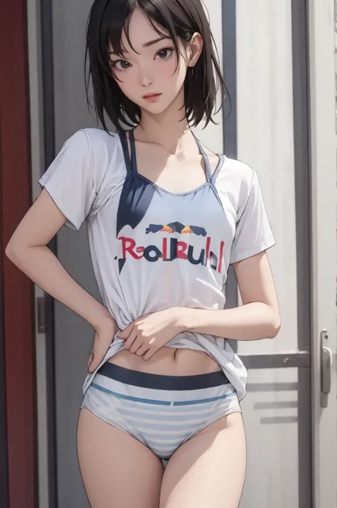 ((masterpiece, best quality)),((highres:1.2)), 1 Girl, solo, Blurred Background, (((Small breasts))), Thighs, (Stripe underwear), red bull T-Shirts, nipple, short hair