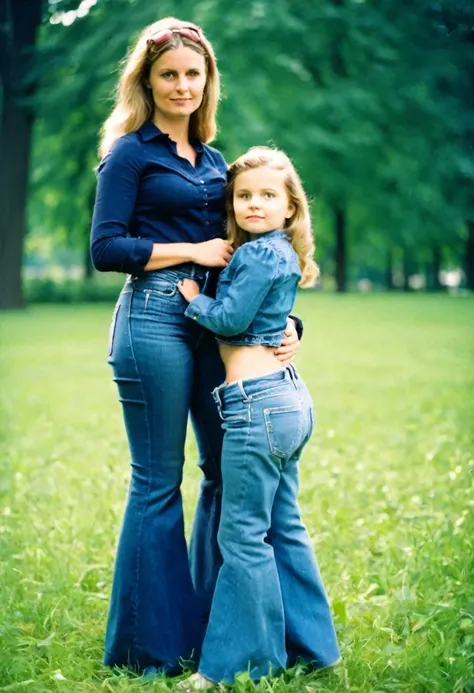 young mother with daughter in jeans with flounce in park,  19th century photo, deep focus, vintage film grain, color correction ...