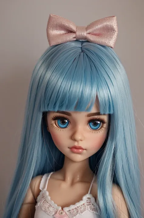 blythe doll, blue highlights in hair, nose piercing, cupids bow lips, doll eyelashes, straight hair, blush, brown eyes, layered cut