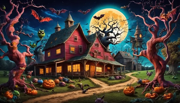 A mystery, Surreal farm at midnight with bat , monsters with exaggerated shadows and twisted trees. Hyperrealistic photo, vibrant colors, 16k