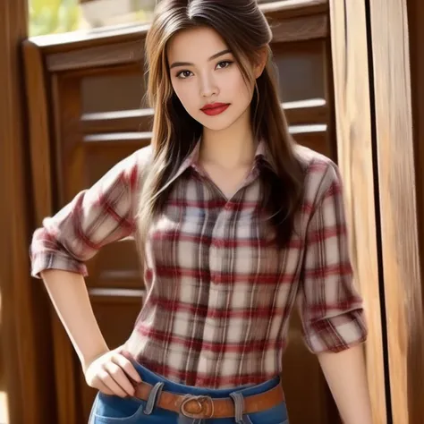 a woman in a plaid shirt and jeans posing for a picture, wear a flannel shirt., wearing a plaid shirt, korean female fashion mod...