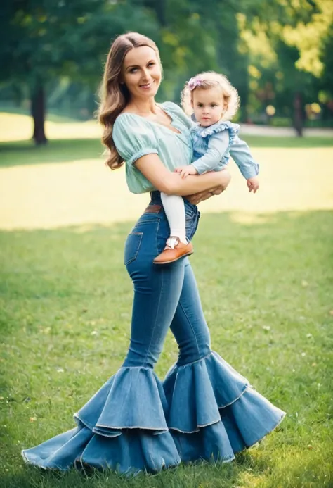 young mother with daughter in jeans with flounce in park,  19th century photo, deep focus, vintage film grain, color correction ...