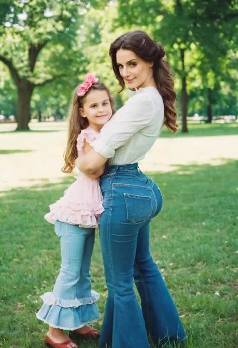 young mother with daughter in jeans with flounce in park,  19th century photo, deep focus, vintage film grain, color correction ...