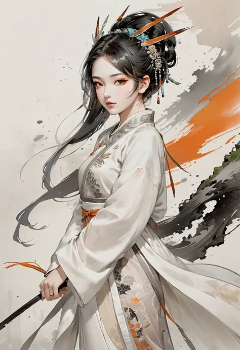 face portrait of meiyucipher 1girl orange spike aura in motion, damaged chinese clothes, floating pieces, trending on artstation...