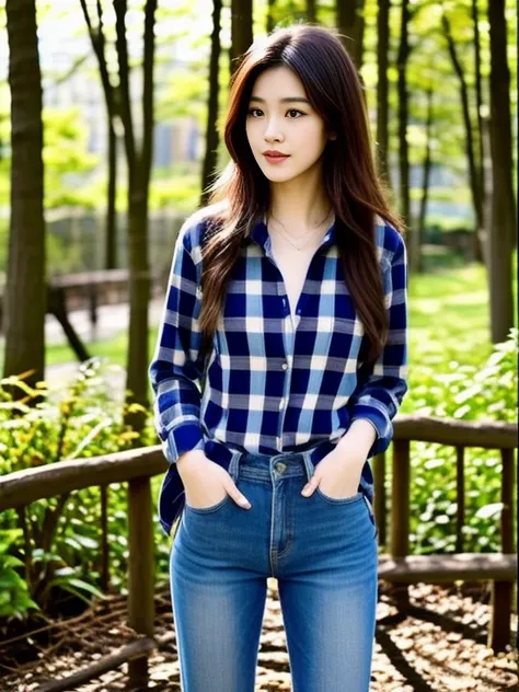 a woman in a plaid shirt and jeans posing for a picture, Wear a flannel shirt., wearing a plaid shirt, Korean female fashion model, wearing plaid shirt, Casual clothing style, plaid shirt, Korean girl, Season Wu, ผู้หญิงเกาหลีใต้ที่beautifulงาม, หญิงKorean...